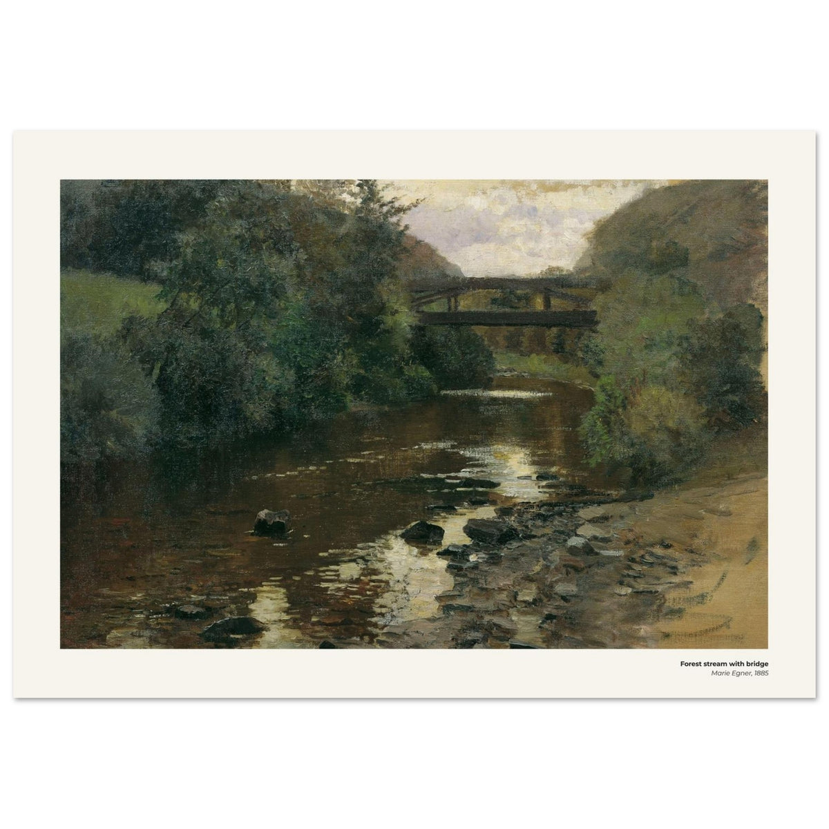 Ruisseau en forêt avec pont – Marie Egner, reproduction d'art