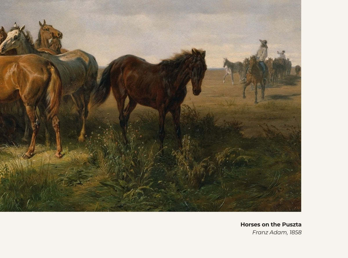 Chevaux dans la puszta – Franz Adam, avec légende titre et artiste