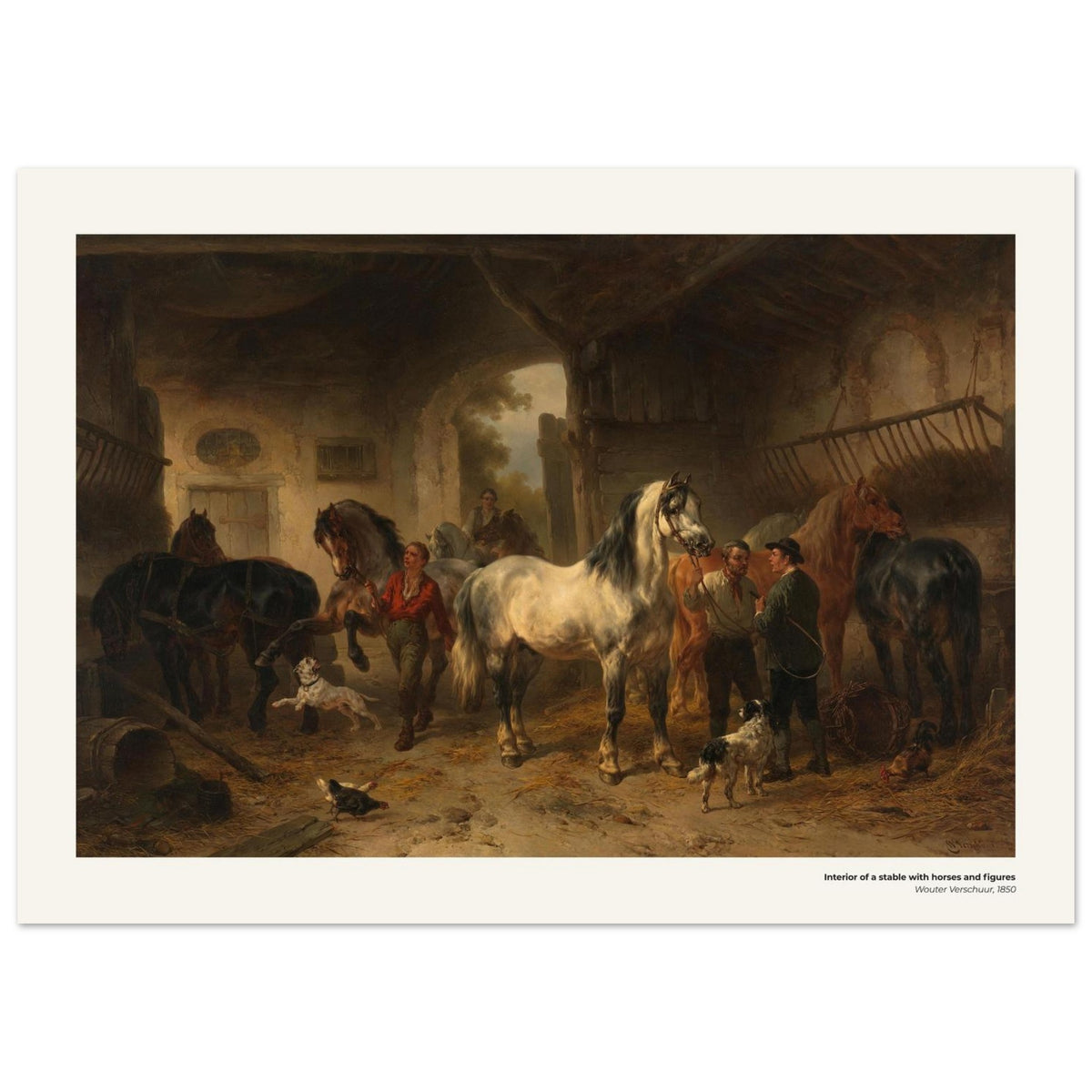 Intérieur d'écurie avec chevaux et personnages – Wouter Verschuur, détail de la reproduction