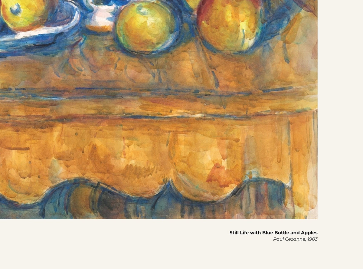 Nature morte à la bouteille bleue et aux pommes – Paul Cézanne, avec légende titre et artiste