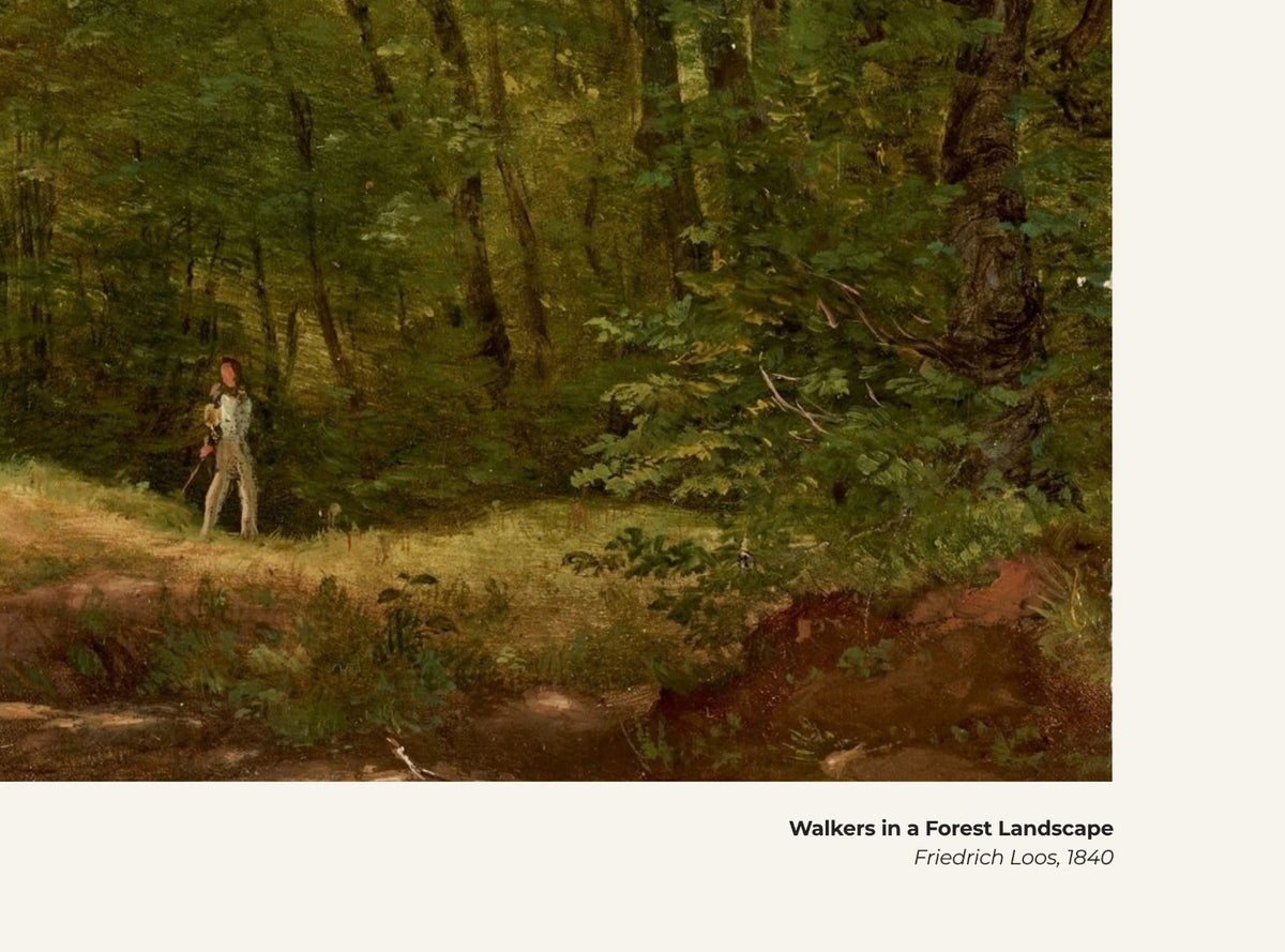 Promeneurs dans un paysage forestier – Friedrich Loos, avec légende titre et artiste