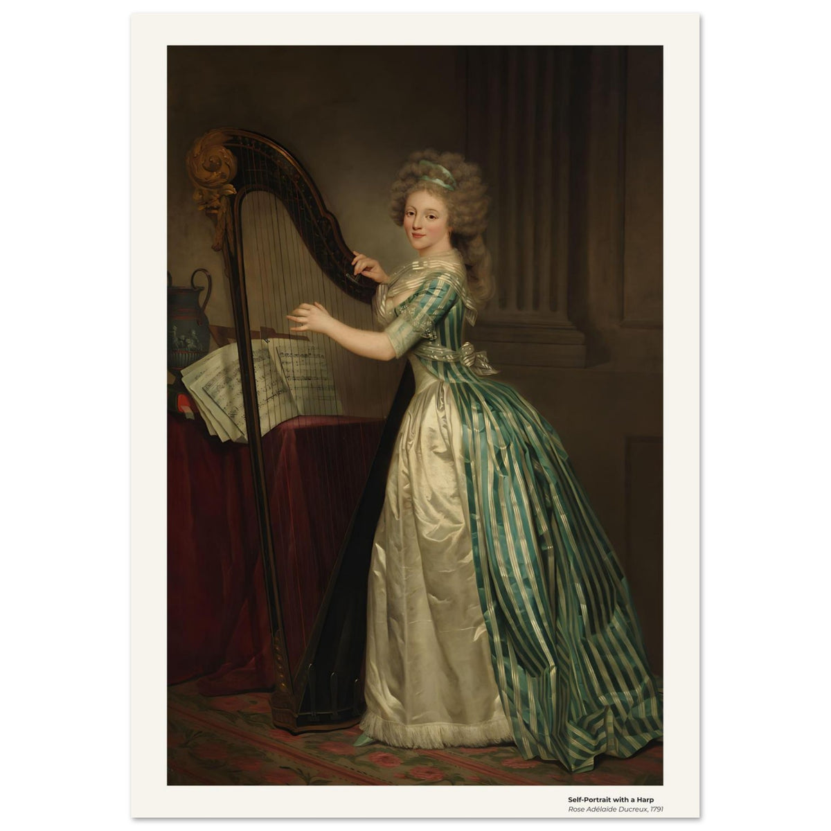 Autoportrait à la harpe – Rose Adélaïde Ducreux, détail de la reproduction