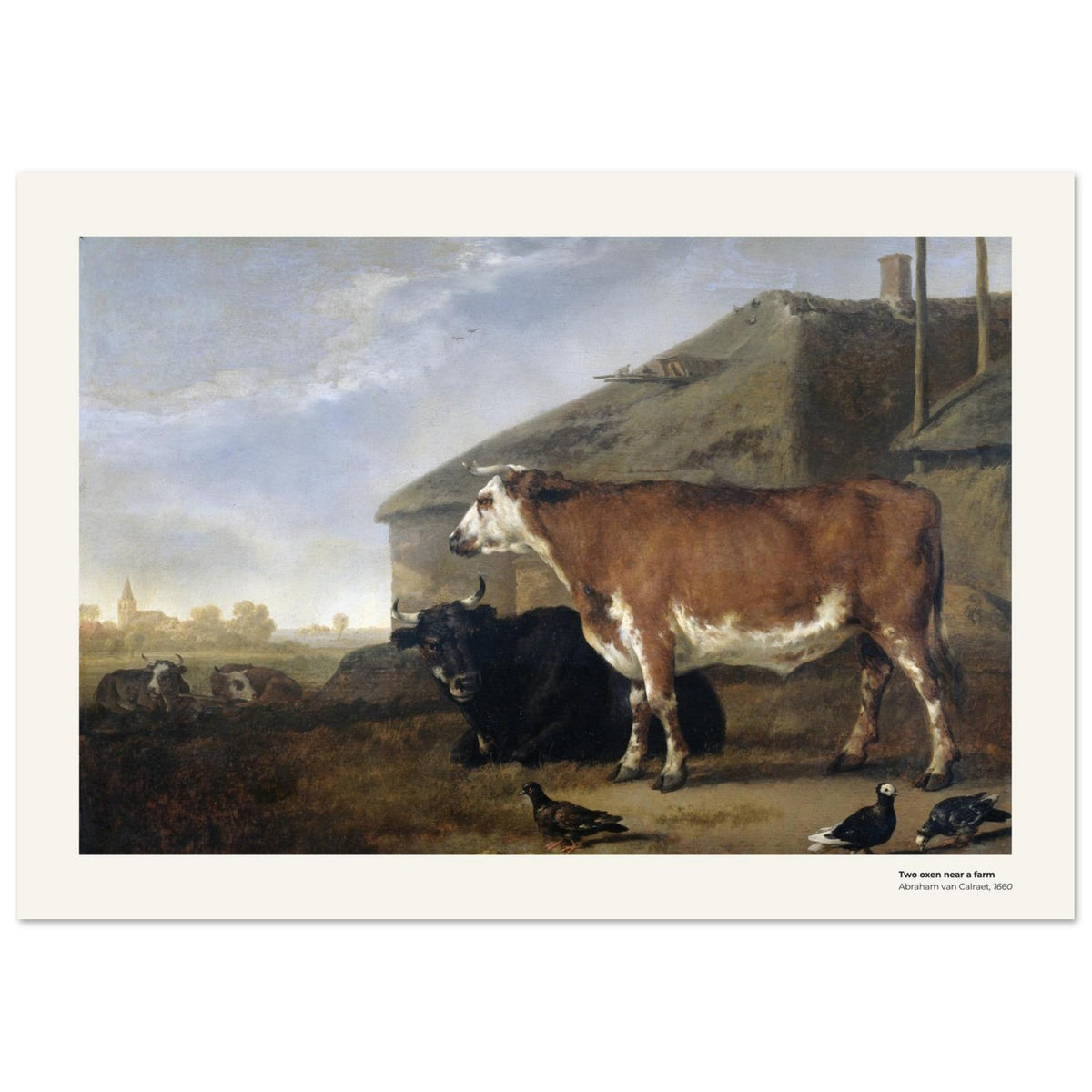 Deux bœufs près d'une ferme – Abraham van Calraet, détail de la reproduction