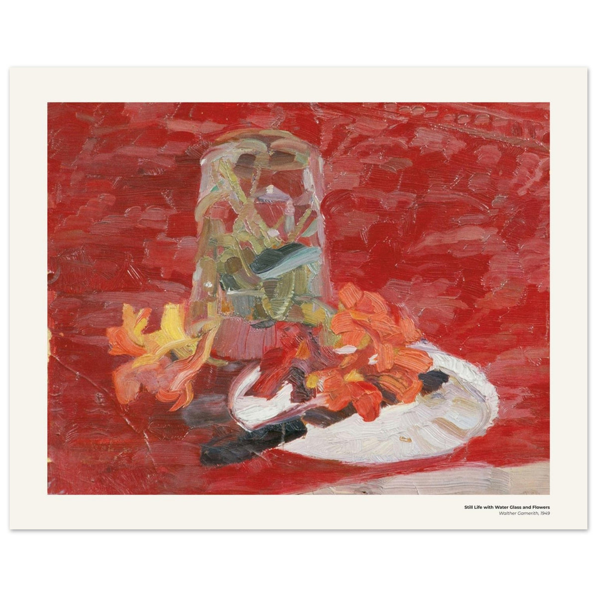 Nature morte au verre d'eau et aux fleurs – Walther Gamerith, détail de la reproduction