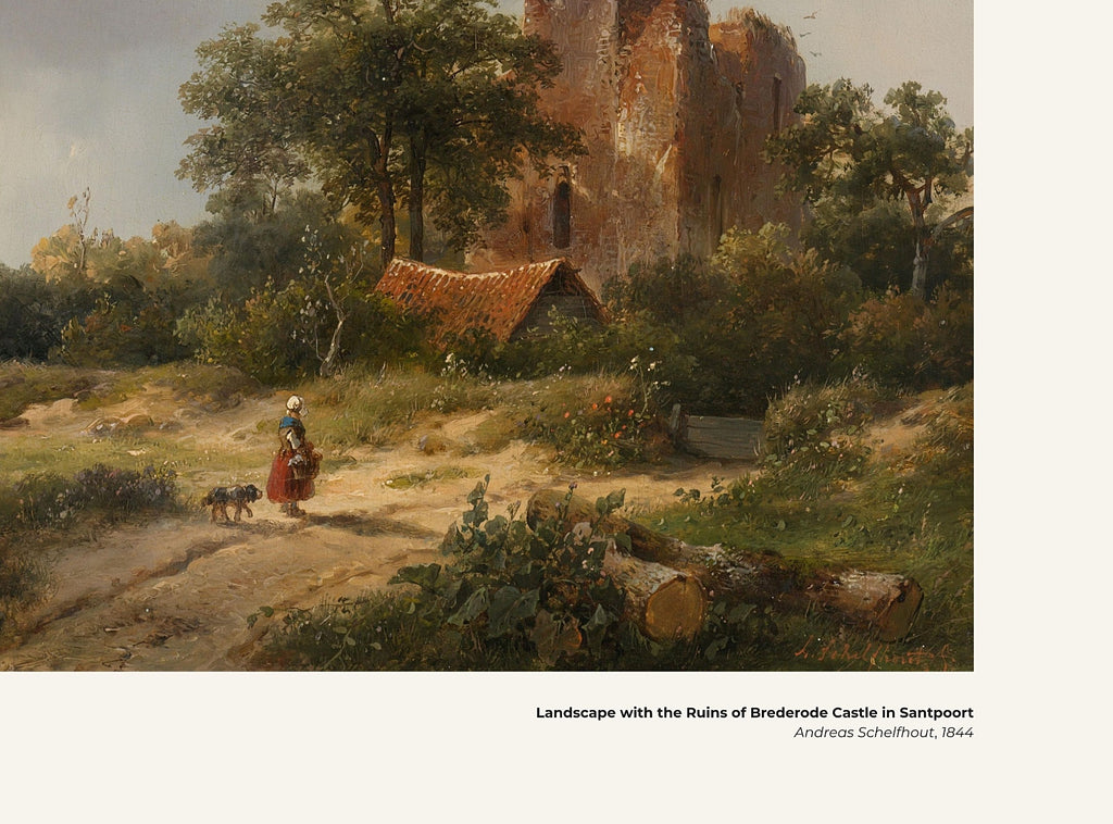 Paysage avec les ruines du château de Brederode à Santpoort – Andreas Schelfhout, avec légende titre et artiste