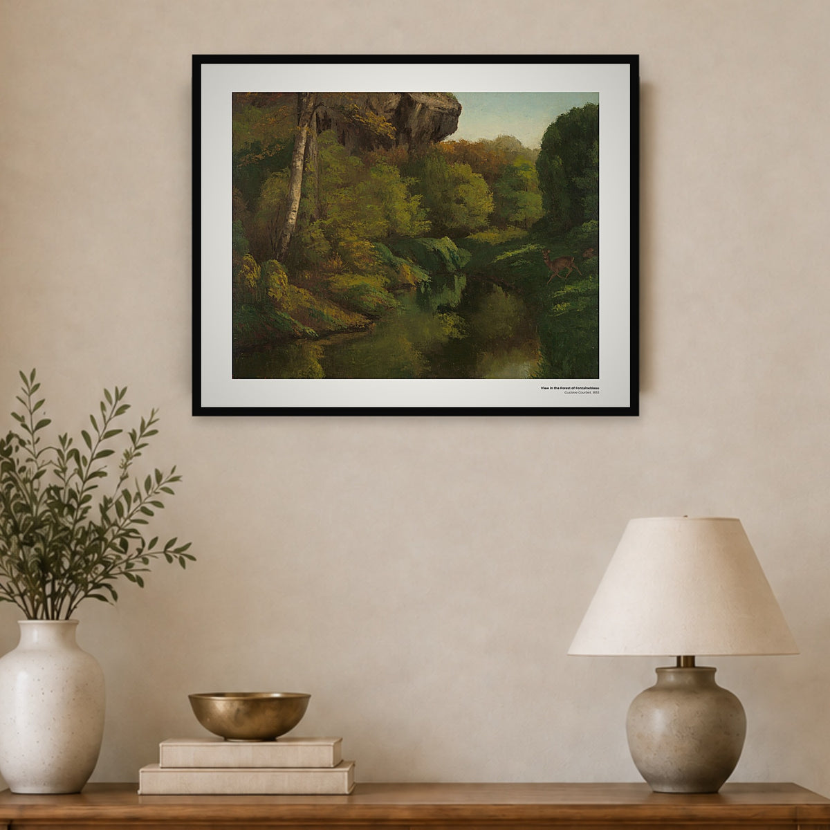 Vue dans la forêt de Fontainebleau – Gustave Courbet, aperçu encadré en situation