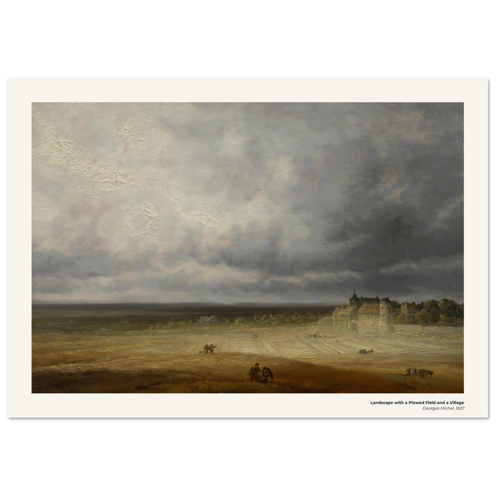 Paysage avec un champ labouré et un village – Georges Michel, détail de la reproduction