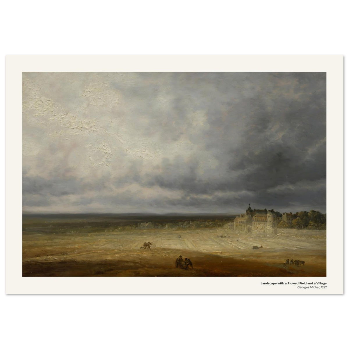 Paysage avec un champ labouré et un village – Georges Michel, détail de la reproduction