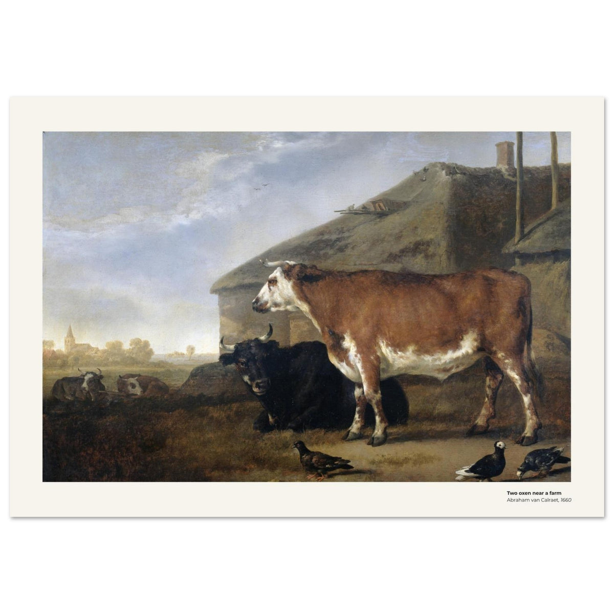 Deux bœufs près d'une ferme – Abraham van Calraet, détail de la reproduction
