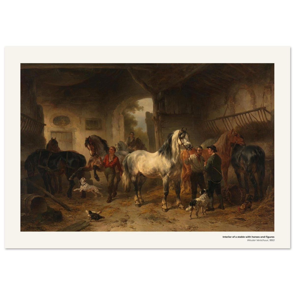 Intérieur d'écurie avec chevaux et personnages – Wouter Verschuur, détail de la reproduction