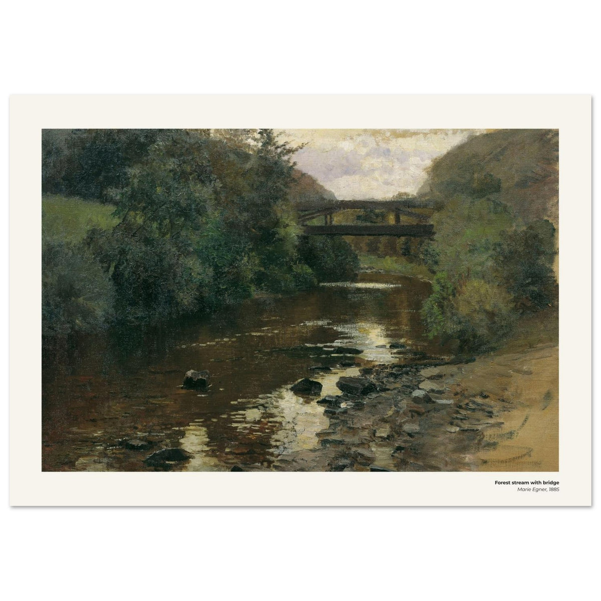 Ruisseau en forêt avec pont – Marie Egner, reproduction d'art
