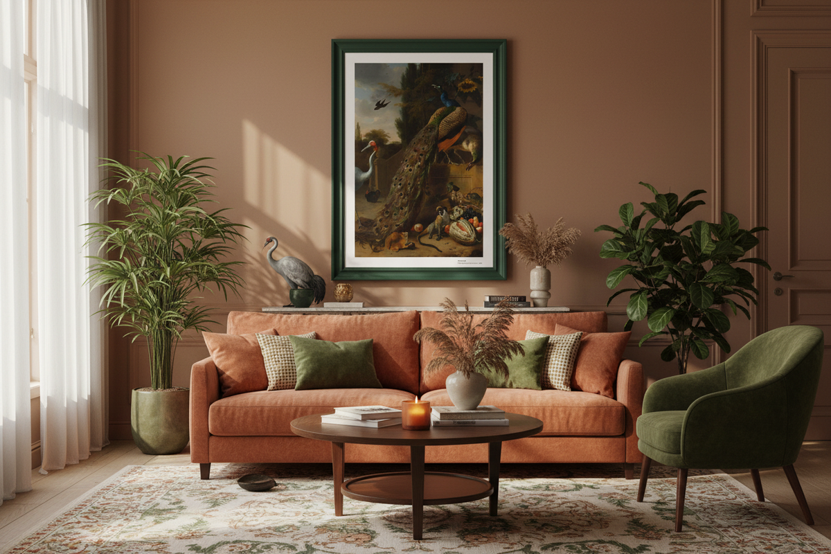 Reproduction d'un tableau de paons dans un cadre vert émeraude, affiche d'art ancien